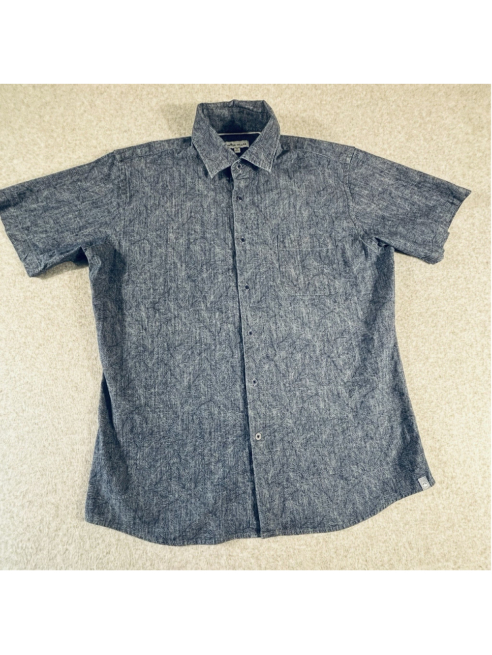 Peter Millar Mens Medium Blue Leaf Print Button Up Shirt Short Sleeve Casual